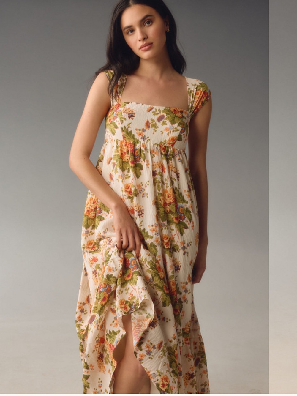 Anthropologie Cream Floral Maxi Dress with Green and Orange Bouquet Print